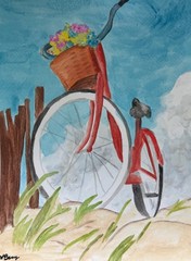 Abstract Expressionism Acrylic Art on 9×12 Paper – Beach Bicycle