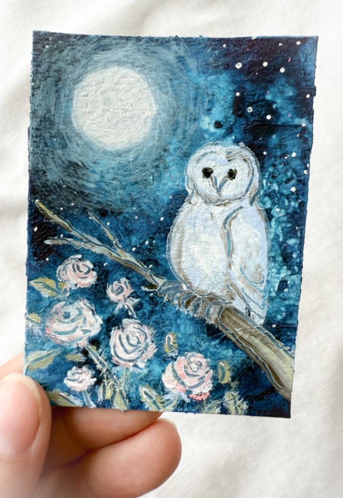 White Owl Original Miniature Oil Painting by R.Machan 2.5″x3.5″ Animal Art ATC