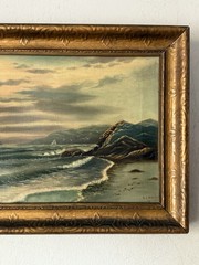‘FINE ANTIQUE COASTAL SEASCAPE OIL PAINTING OLD VINTAGE OCEAN LANDSCAPE 1941