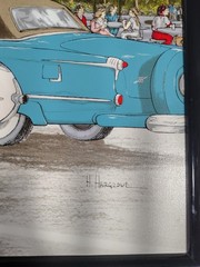 H Hargrove 1957 Corvette At Drive In Restaurant Signed Oil Painting 21.5 X 25.5