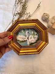 Framed Swan Oil Painting: Small Vintage Style Wall Art