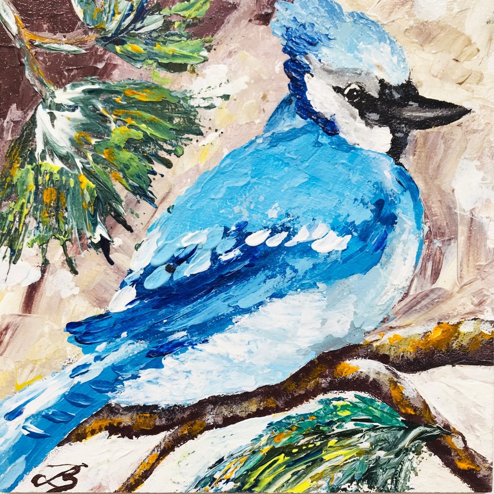 Original Art Blue Jay Bird Portrait Mini Painting Gift Book Shelf Decor 6 x 6″