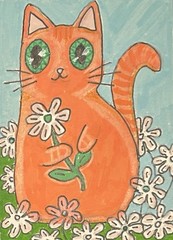 ACEO – Mini Cat Art 2.5X3.5” Titled ‘Flower Cat’ Acrylics By Lyn’et