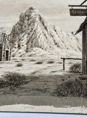 ANTIQUE ART DECO PAINTING ILLUSTRATION Ghost Town Western Landscape Desert