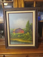 Vintage Original Everett Woodson Signed Framed Oil On Canvas Barn Scene Painting