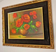 Roy Pasanault Oil Painting Orange Flowers in Vase Canvas Wood Frame 17″ x 14″