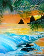 HAWAII ARTIST, „TROPICAL COASTLINE“. ONE OF A KIND Original READY TO HANG