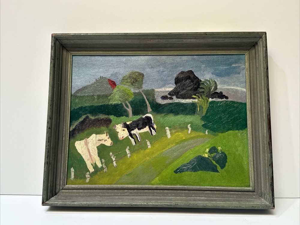 Antique Maui Cows Painting Cow Landscape Hawaii New York Exhibited Klaussen Folk