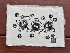Original Soot Sprites 2 Linocut Hand Printed by Dyer- Mini Art 4×6 in. Ghibli