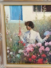 RARE An He Hans Amis LG 47″x 37″ Original Oil on Canvas Painting Lady in Garden