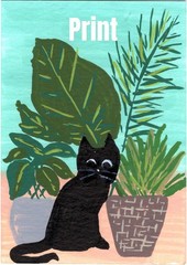 ACEO Art Card PRINT Black Cats House Plants The Secret Life of House Cats #12