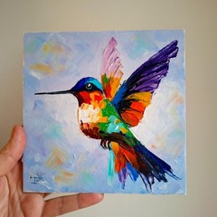 Hummingbird Impasto Original Painting Small Birds Animals 3D Art Unframed 6×6