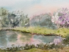Original Watercolor Painting Landscape Nature Sunset Lake Spring – 7×9 inches