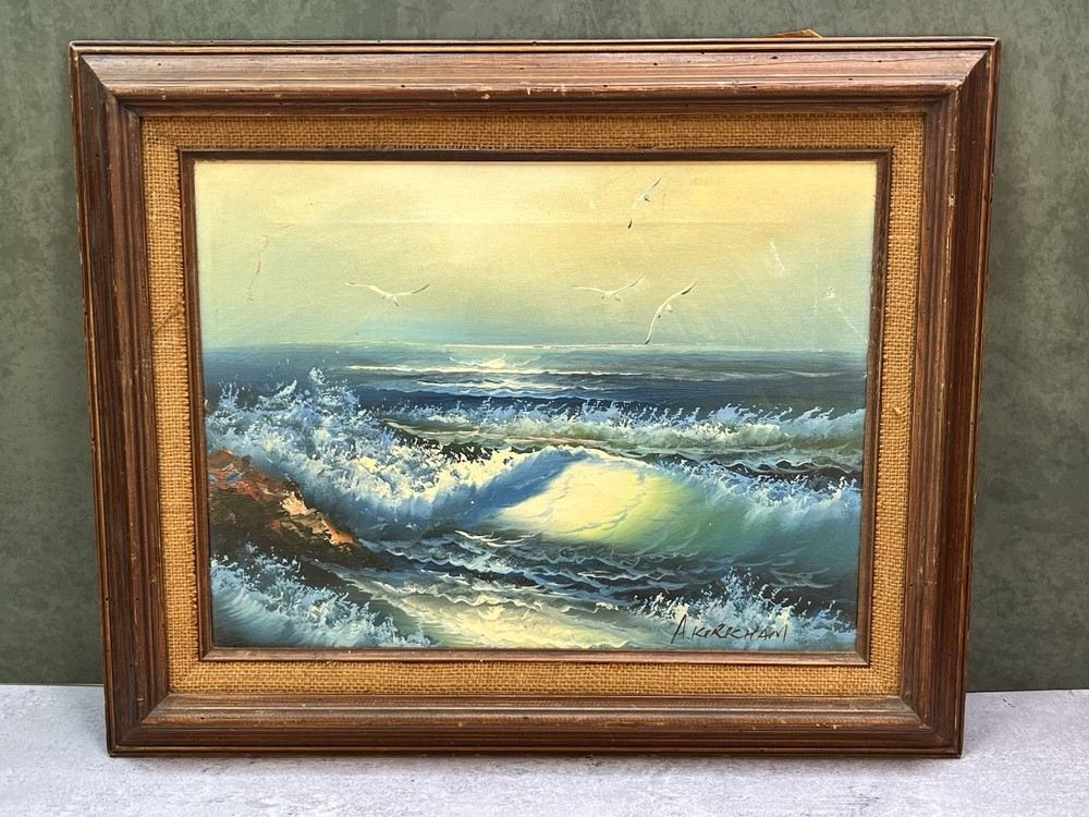 A Kirkham Signed Seascape Oil Painting Framed Ocean Waves Coastal Vintage