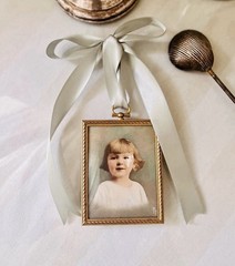 Antique Original Signed Miniature Portrait Oil Painting of Child with Ribbon