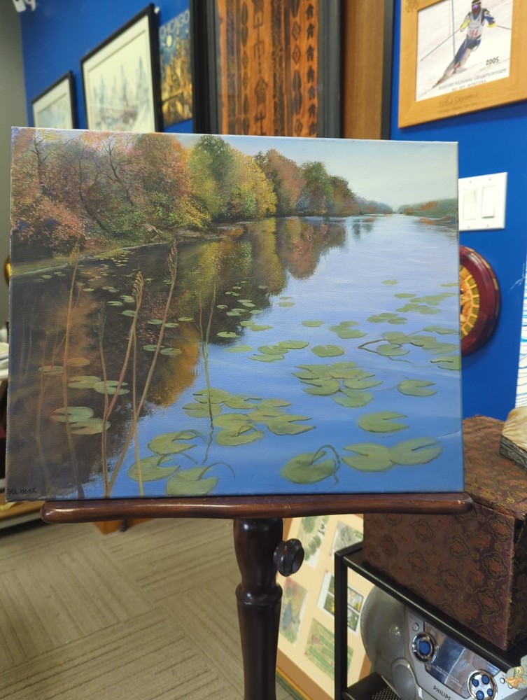 Oil On Canvas Depecting Serene Creek With Water Lilies In The Fall