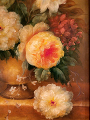 BEAUTIFUL GILT FRAME STILL LIFE OF FLOWERS IN VASE OIL ON BOARD, 14.5“X 12.5“
