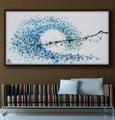 Wave 55″ – Abstract painting, warm & cold colors by Koby Feldmos