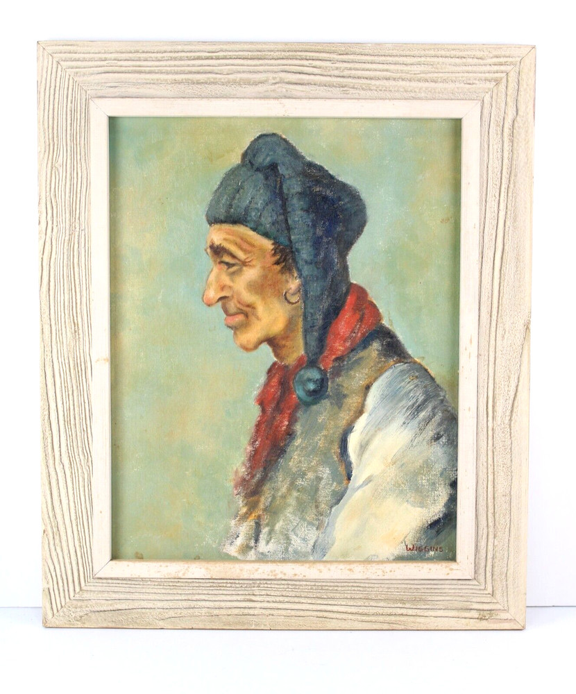 Vintage Elderly Man In Blue Hat Oil Painting Signed Wiggins