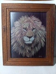 HTF Vintage Marjorie Brice Lion Print Signed Framed 15.5×18.5 Scratchboard Style