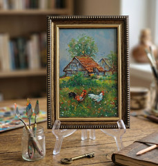 Rooster Original Oil Painting 4×6 Framed Signed Farmhouse Chicken Landscape Art