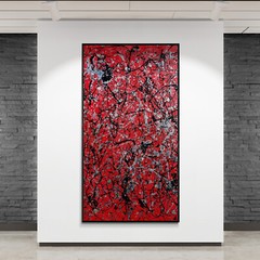 XXL Jackson Pollock Style Red & Black Abstract Textured Painting 59×30 in