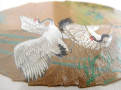HAND PAINTED LEAF ~ PICTURE w WOODEN FRAME ~ asian artwork art Bird Stork Crane
