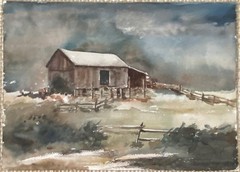 Original Watercolor Painting Signed Autumn Barn Farmhouse Fran Ritchie Yost
