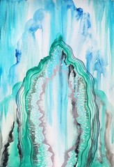 11×17 Original Watercolor Painting Abstract Paint Drip Geode Silver Geometric