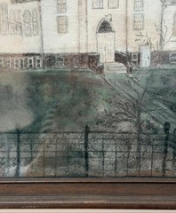 VINTAGE ORIGINAL PENCIL/CHALK FRAMED PAINTING WHITE STEEPLE CHURCH SCENE ARTWORK
