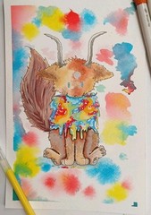 OOAK Watercolor Painting 6.5×9.5 Fantasy Creature Rainbow Art Black Bow Studio