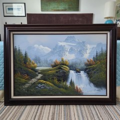 Vintage Original Oil Painting on Canvas Mountain Landscape Signed Simon 43″x 31″