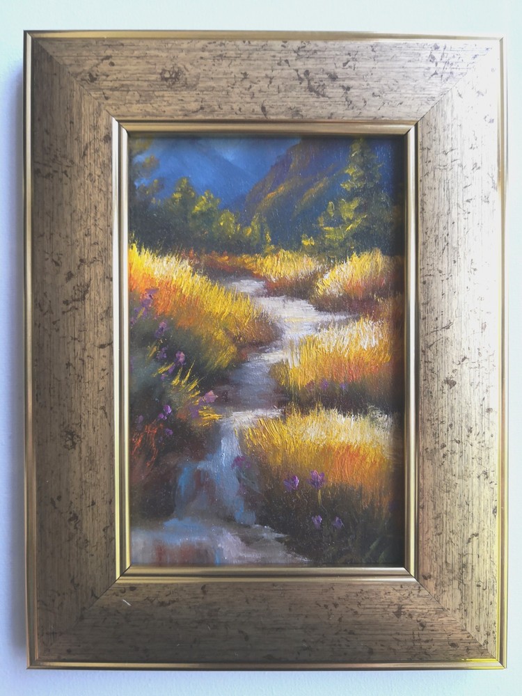 Original Oil Painting in a Frame Miniature 4х6 in River Nature Mountain river
