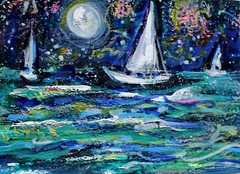 ACEO Original Painting FIREWORKS Summer Sailboats Ocean Sea Bay Boats Night ART