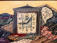 Original Artist Signed Oil Painting Still Life Books Old Clock & American Quilt