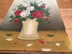 Floral Oil Painting Signed Vintage stretched canvas flowers in vase 8 X 10”