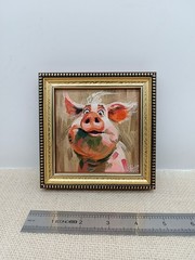 Pig Oil Painting Original Signed Framed Art Mini Animal Artwork 4×4