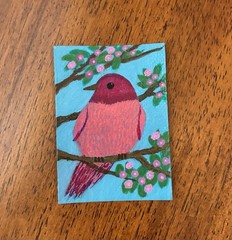 ACEO Original Acrylic Painting 2.5 X 3.5”. ~ Perched In Blossoms 3