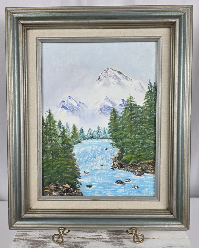 Original Signed Oil Painting Mountain River Landscape Wooden Frame 16.5″x13.5″