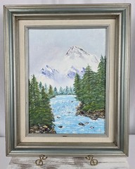 Original Signed Oil Painting Mountain River Landscape Wooden Frame 16.5″x13.5″
