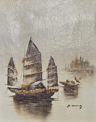 P. Wong Chinese Fishing Junk Boats Oil on Canvas Painting Nautical Brass Frame