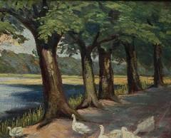 Philipp Jakob Erlanger Signed Oil Painting on Cardboard, 1923 Ducks by the Lake