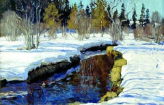 Oil painting impressionism winter landscape with creek forest no framed canvas