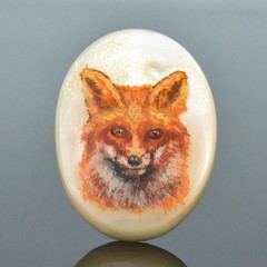 Original Hand Painted Fox Mother-of-Pearl Shell Cabochon Miniature Art 25x18mm