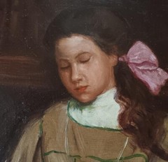 1930-40’s Beautiful Large Oil Painting „Reading Girl“ by Ruel P. Tolman