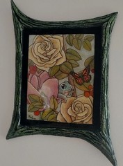 Modern Acrylic Painting Bashful Frog Butterfly Flowers Hand Made Unique Frame