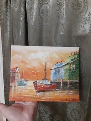 Vintage Oil Painting Boats Ships Ocean Harbor Signed Mid-century N. Weston