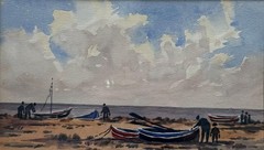 G E Wood Watercolour c1990s Maritime Landscape with Beached Fishing Boats