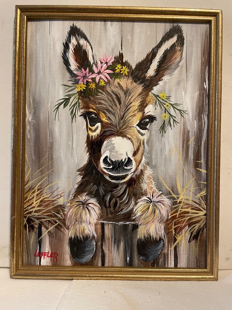 9 x 12 Framed Acrylic and Pen Painting on Canvas Board……“Spring Burro“
