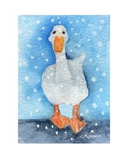 Aceo Original Painting Watercolour Duck In Snow By Kenna 2.5” X 3.5”